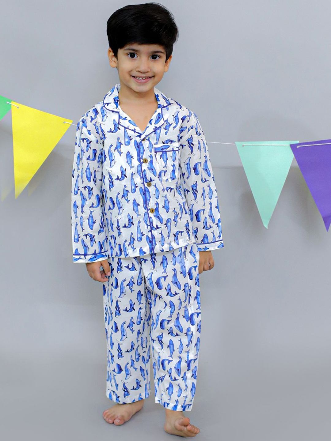 

UNBIND Boys Printed Lapel Collar Pure Cotton Shirt With Pyjamas, White