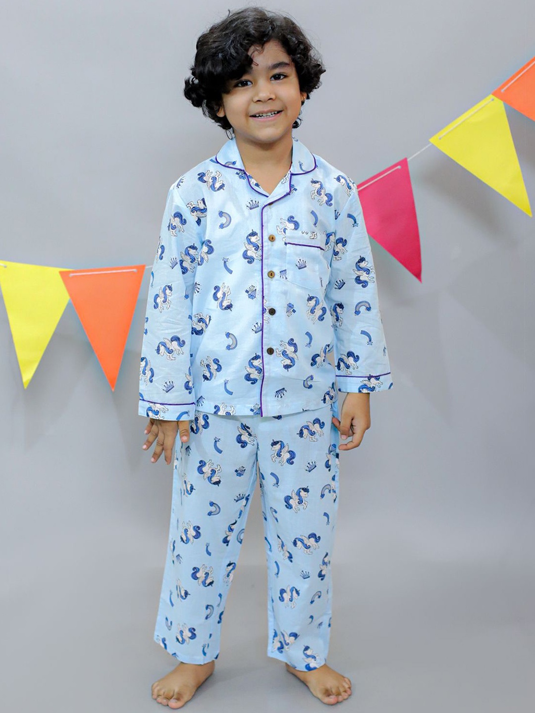 

UNBIND Boys Printed Lapel Collar Pure Cotton Shirt With Pyjamas, Blue