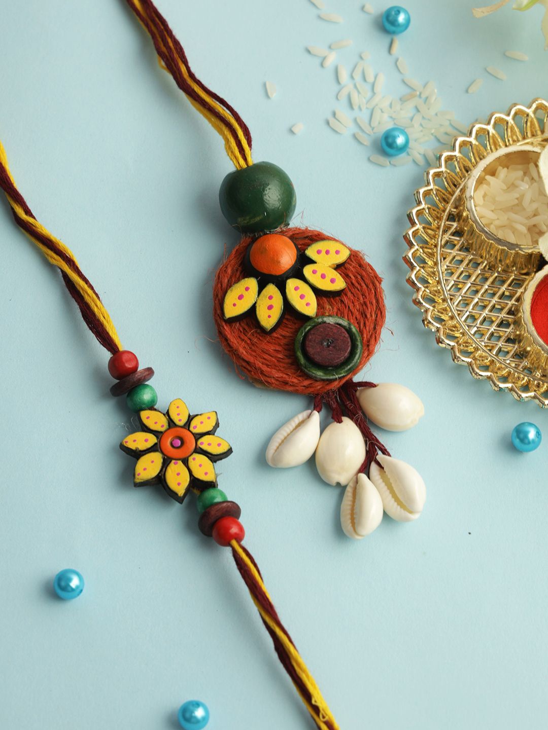 

Aapno Rajasthan Set of 2 Floral Bhaiya Bhabhi Rakhi with Roli Chawal & Greeting Card, Yellow