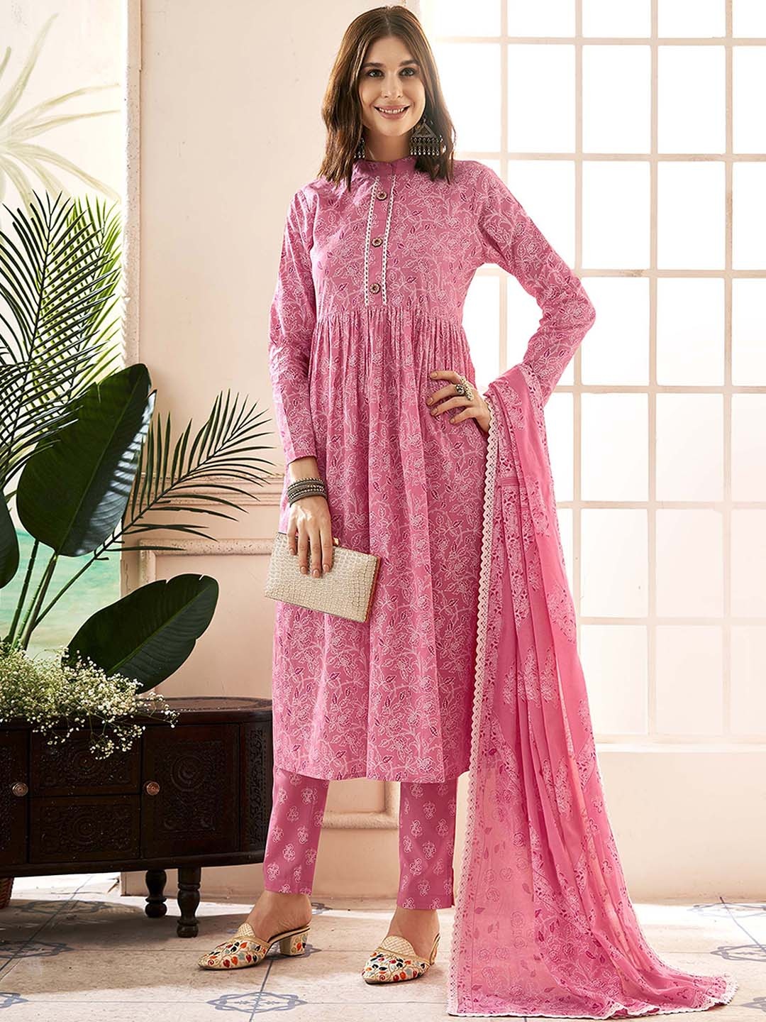 

Anouk Floral Printed Angrakha Pure Cotton Kurta with Trousers & With Dupatta, Pink