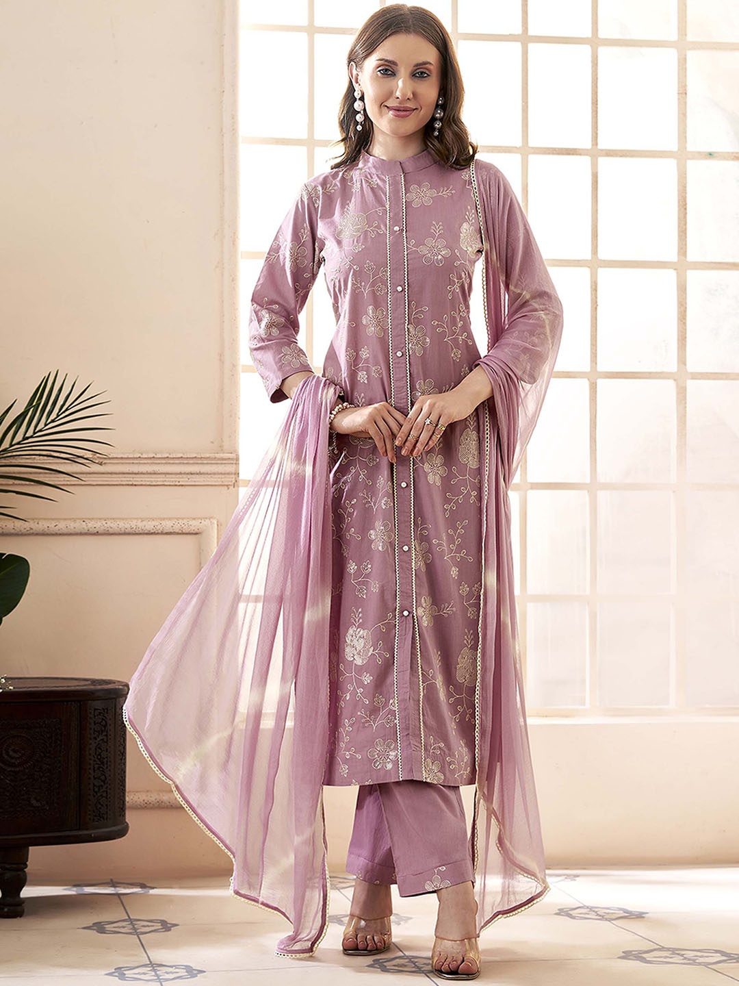 

Anouk Floral Embroidered Thread Work Pure Cotton Straight Kurta With Trousers & Dupatta, Mauve