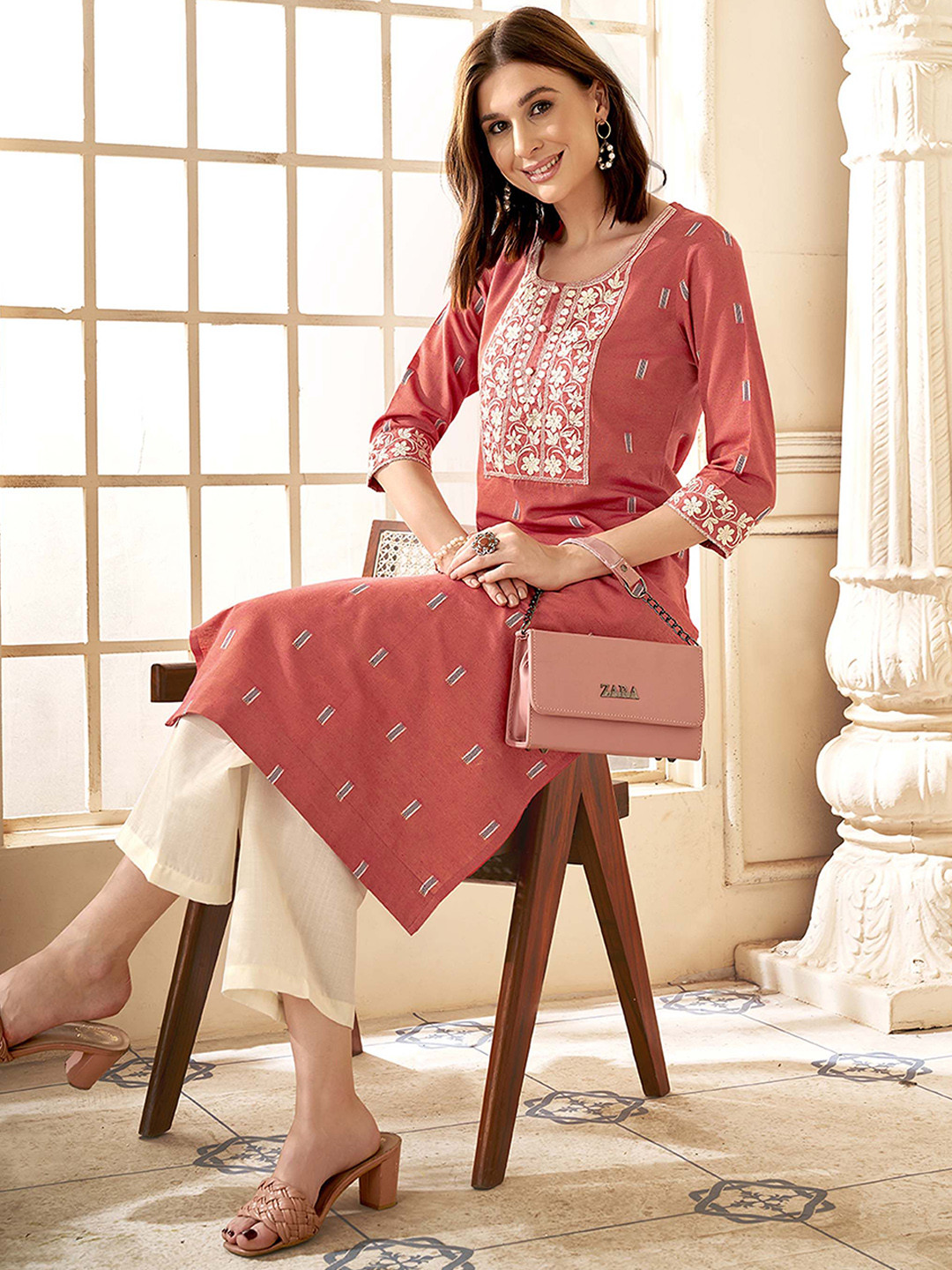 

Anouk Ethnic Motifs Regular Thread Work Kurta with Palazzos, Coral