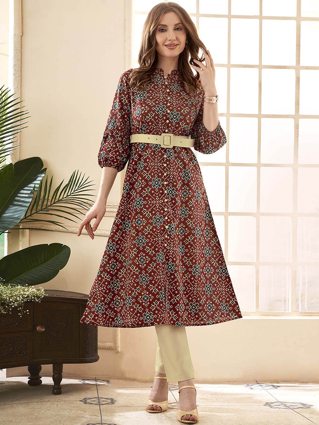 

Anouk Rust Ethnic Motifs Printed A-Line Pure Cotton Kurta with Trousers & Belt