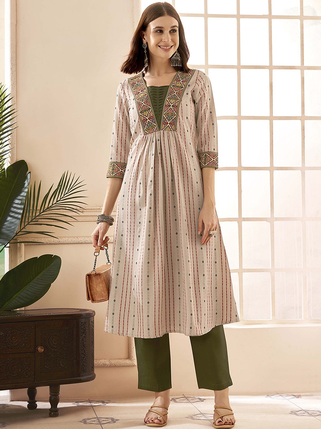 

Anouk Ethnic Motifs Woven Design Pleated A-Line Kurta with Trouser, Beige