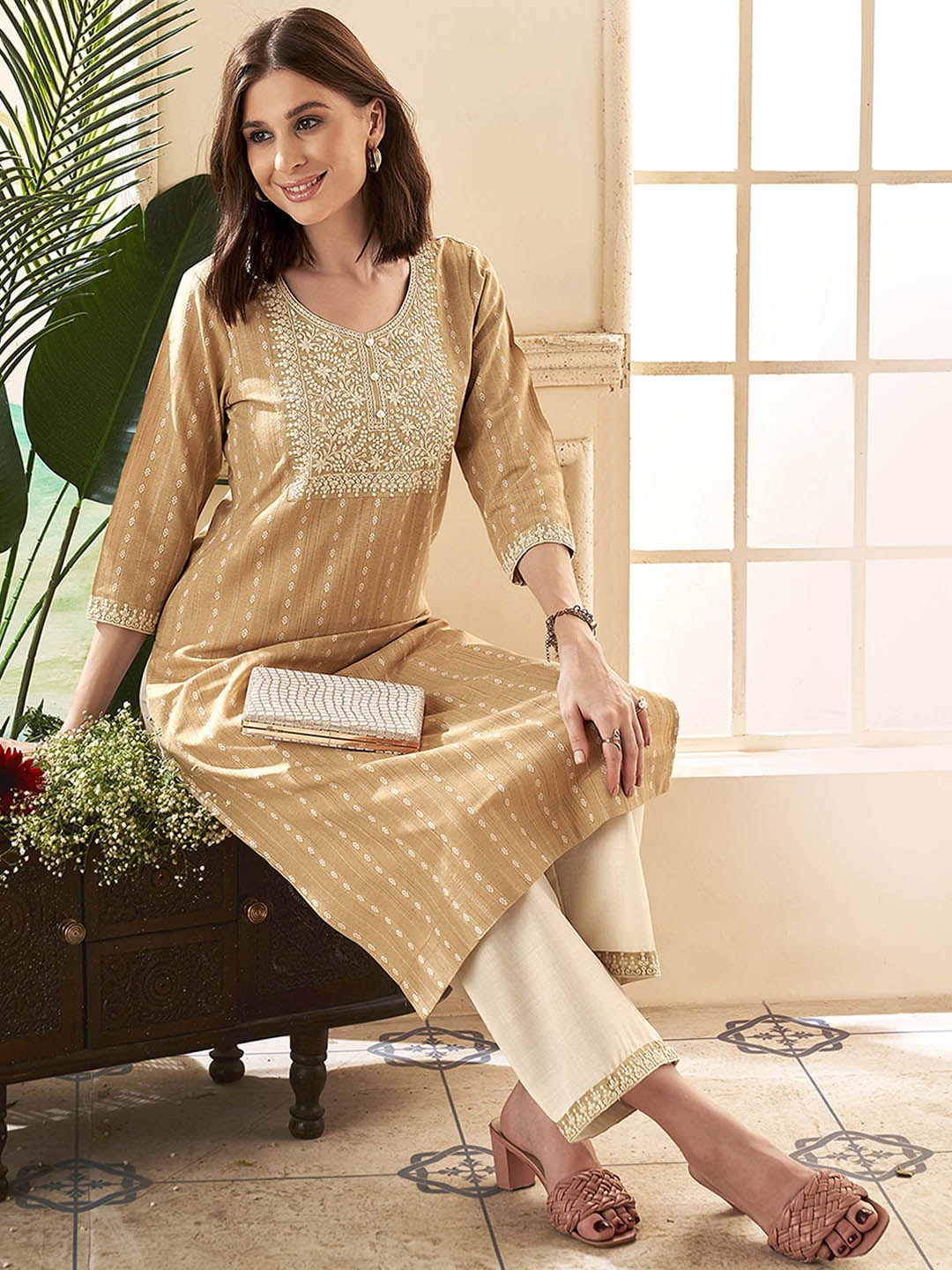 

Anouk Yoke Design Regular Thread Work Kurta with Palazzos, Beige