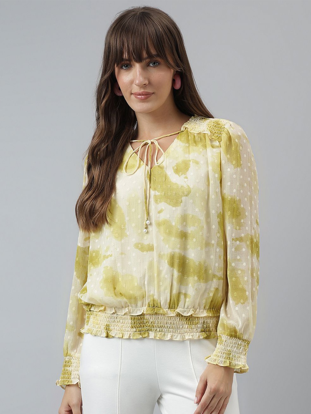 

Latin Quarters Printed Tie-Up Neck Blouson Top, Yellow