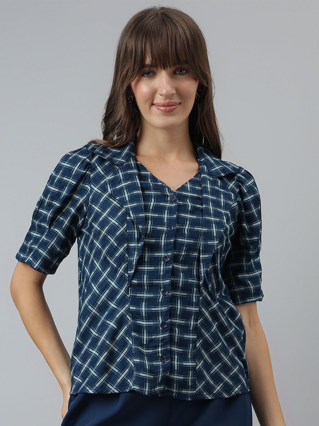 

Latin Quarters Women Checked Pattern Spread Collar Casual Shirt, Teal