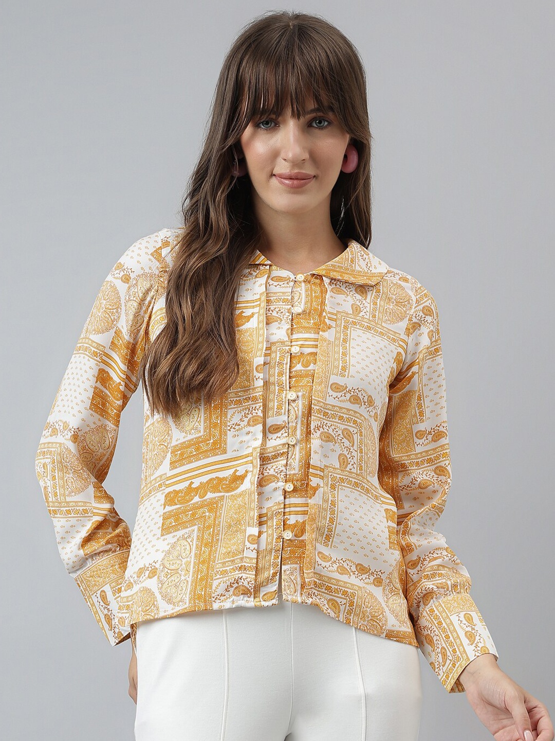 

Latin Quarters Women Ethnic Printed Spread Collar Casual Shirt, White