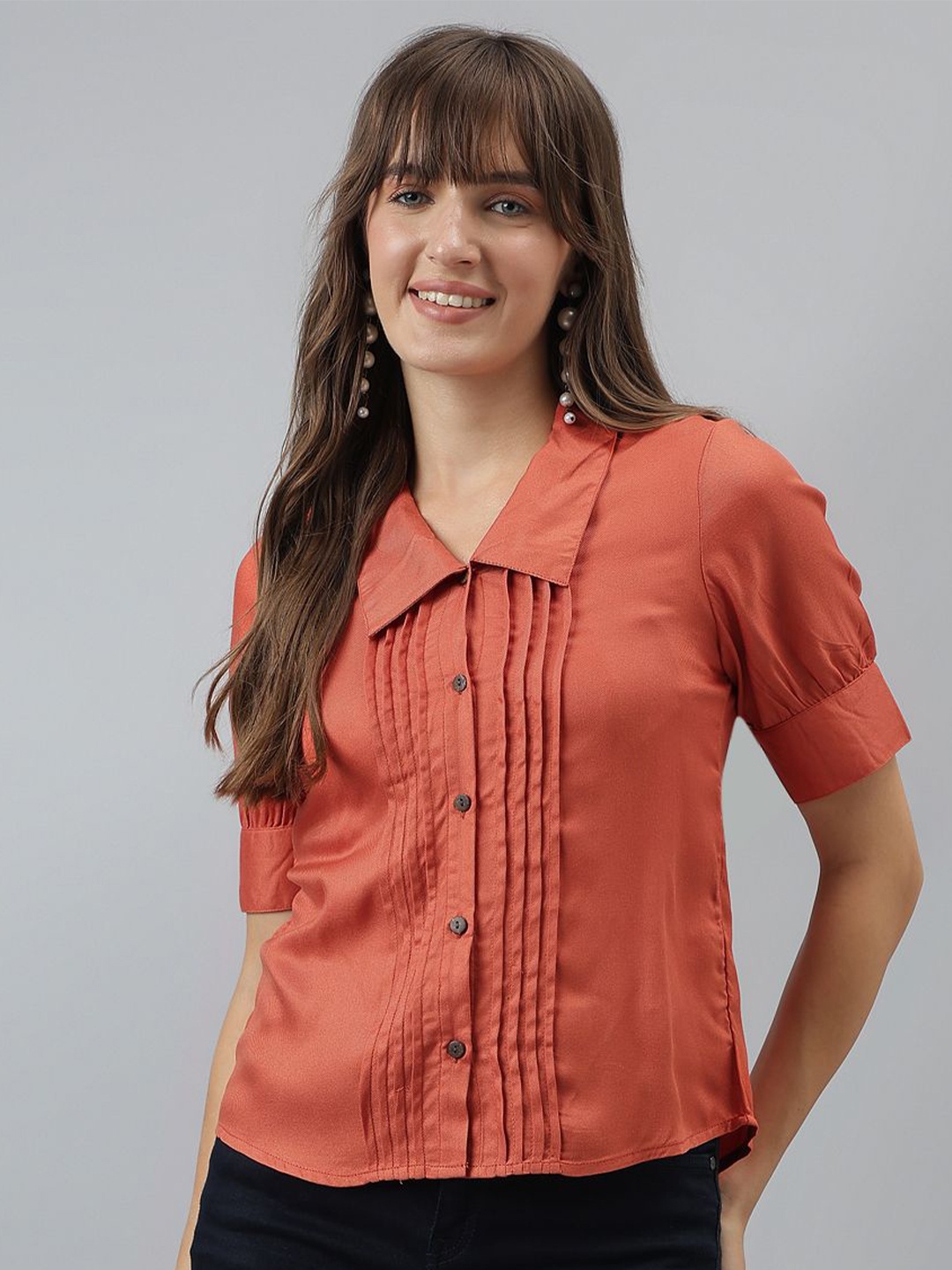 

Latin Quarters Women Solid Pleated Spread Collar Casual Shirt, Rust