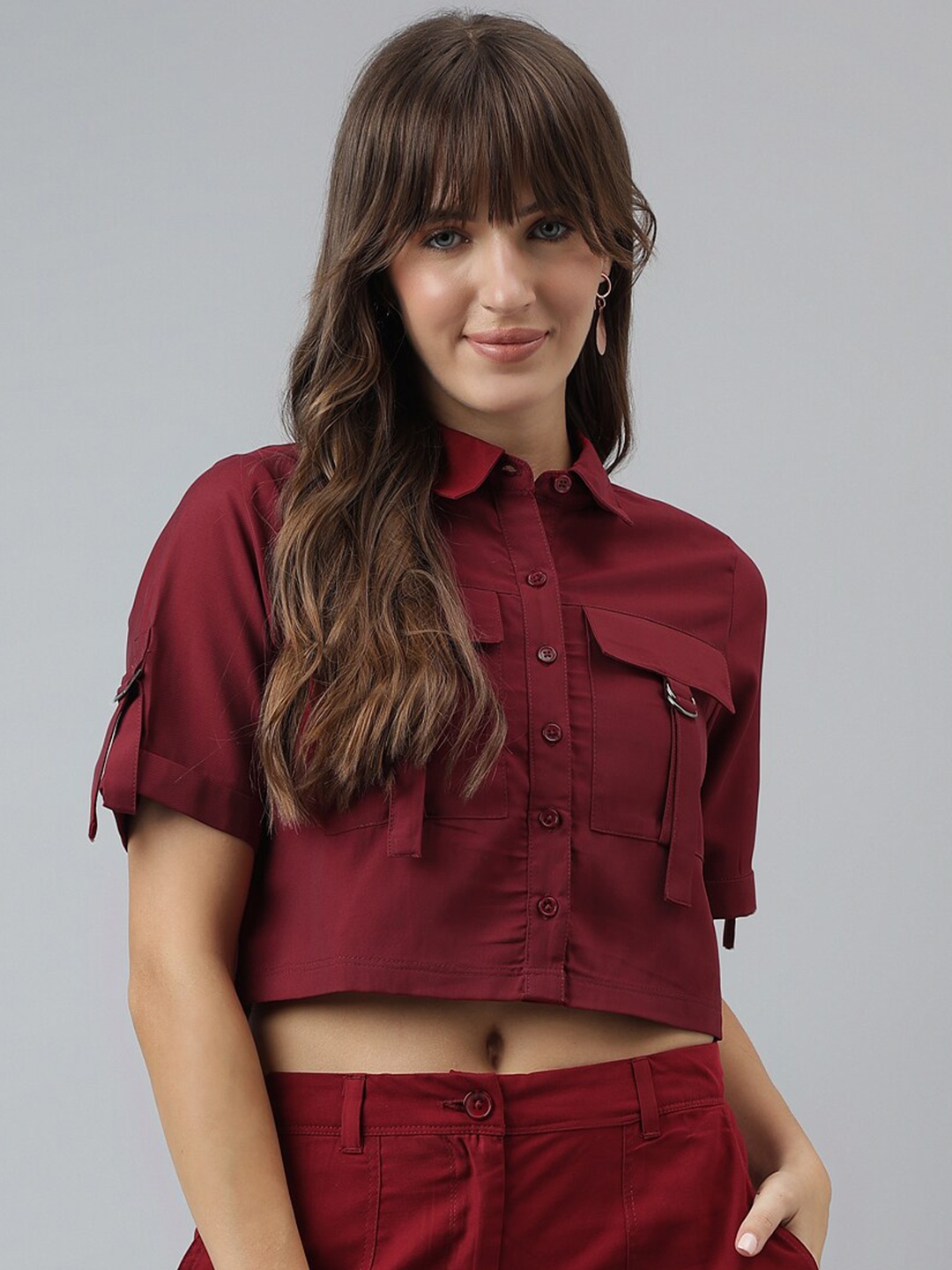 

Latin Quarters Women Solid Spread Collar Casual Shirt, Maroon