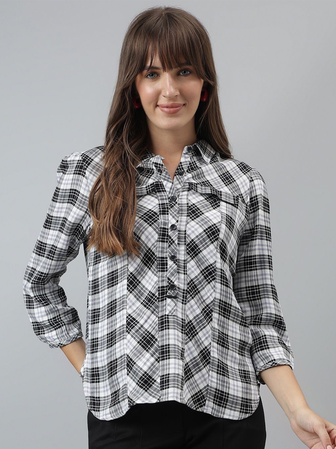 

Latin Quarters Women Tartan Checks Spread Collar Casual Shirt, Black