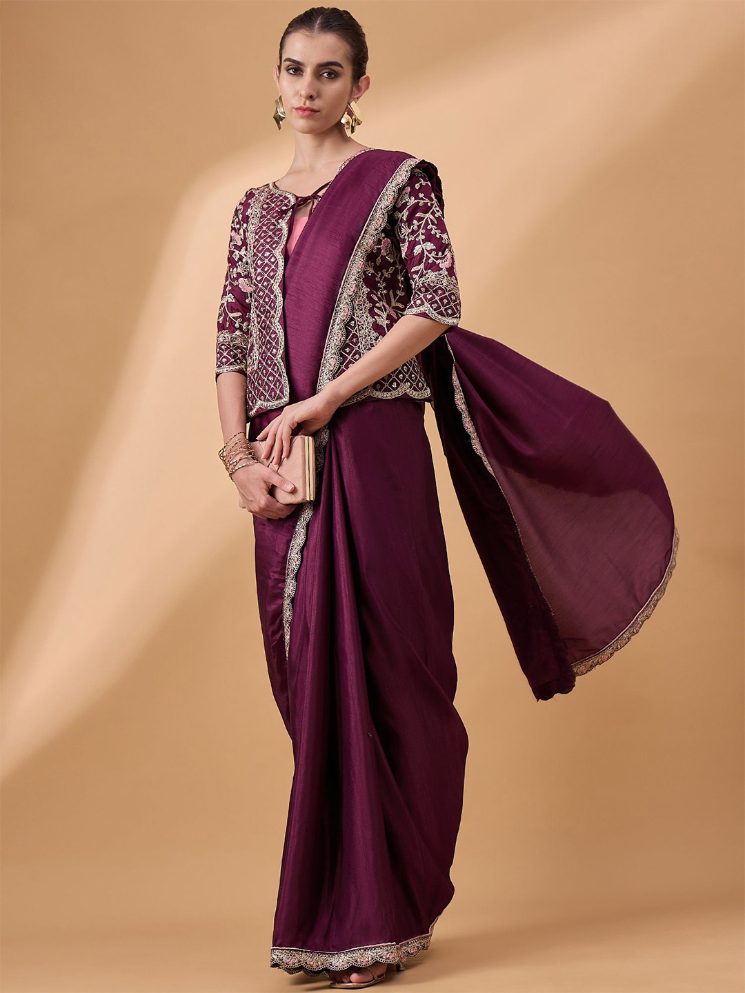 

all about you Embroidered Saree With Blouse Piece, Purple