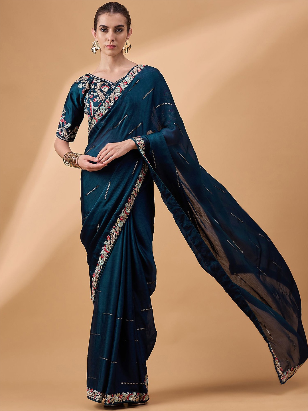 

all about you Striped Embroidered Saree, Teal