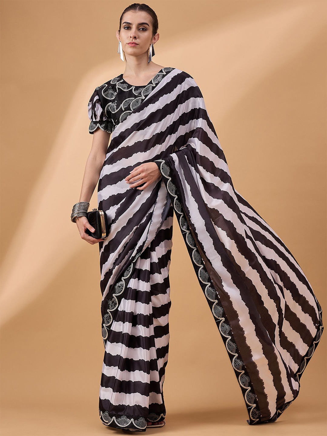 

all about you Striped Embroidered Pure Georgette Saree, Black