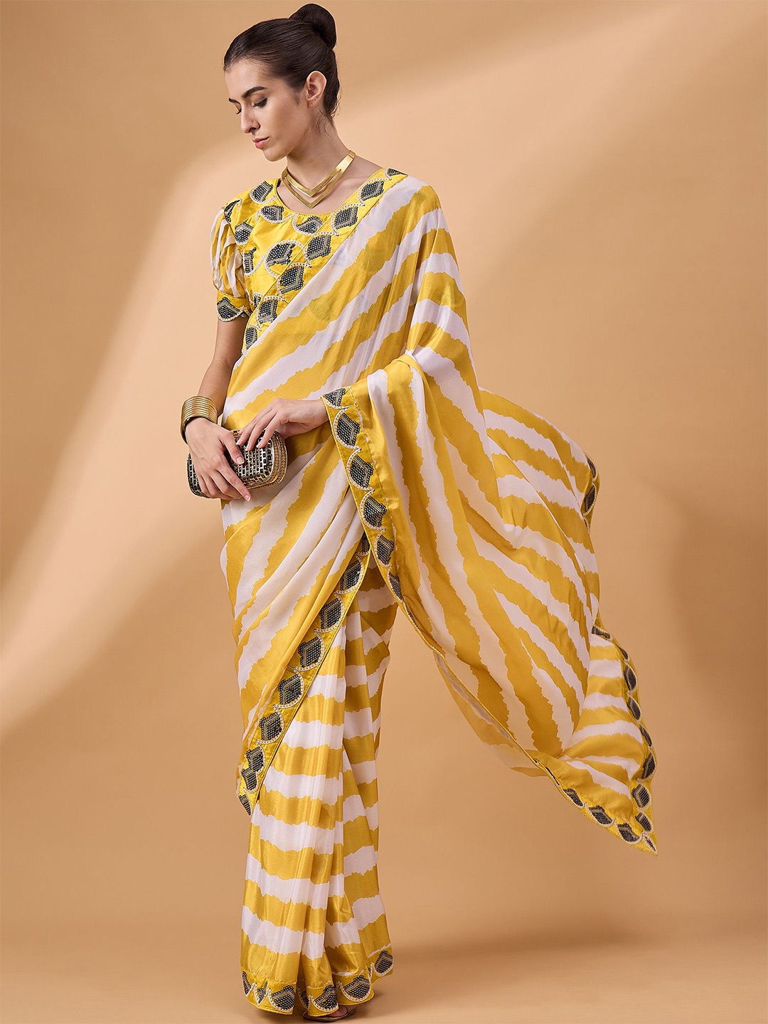 

all about you Striped Embroidered Pure Georgette Saree, Yellow