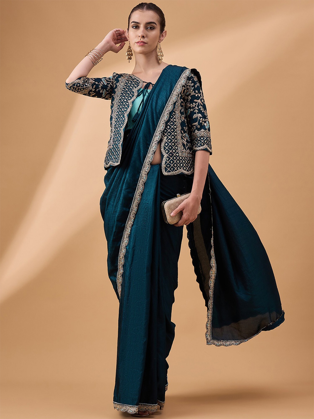 

all about you Solid Embroidered Saree, Teal