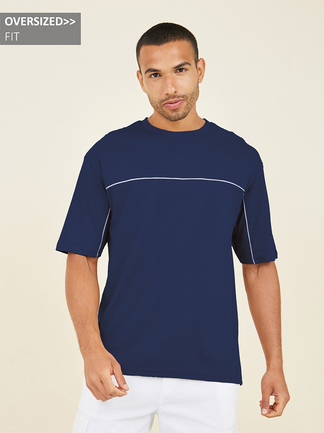 

Styli Men Contrast Seam Piping Detail Oversized Solid T-shirt, Navy blue