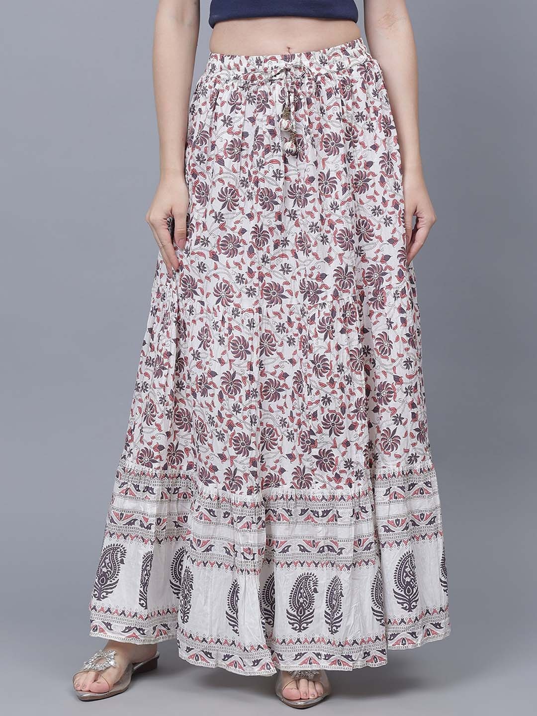 

Cot'N Soft Floral Printed Cotton Maxi Skirts With Border Work, White