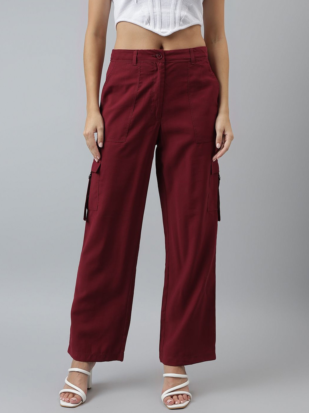 

Latin Quarters Women High-Rise Regular Fit Cargos Trousers, Maroon