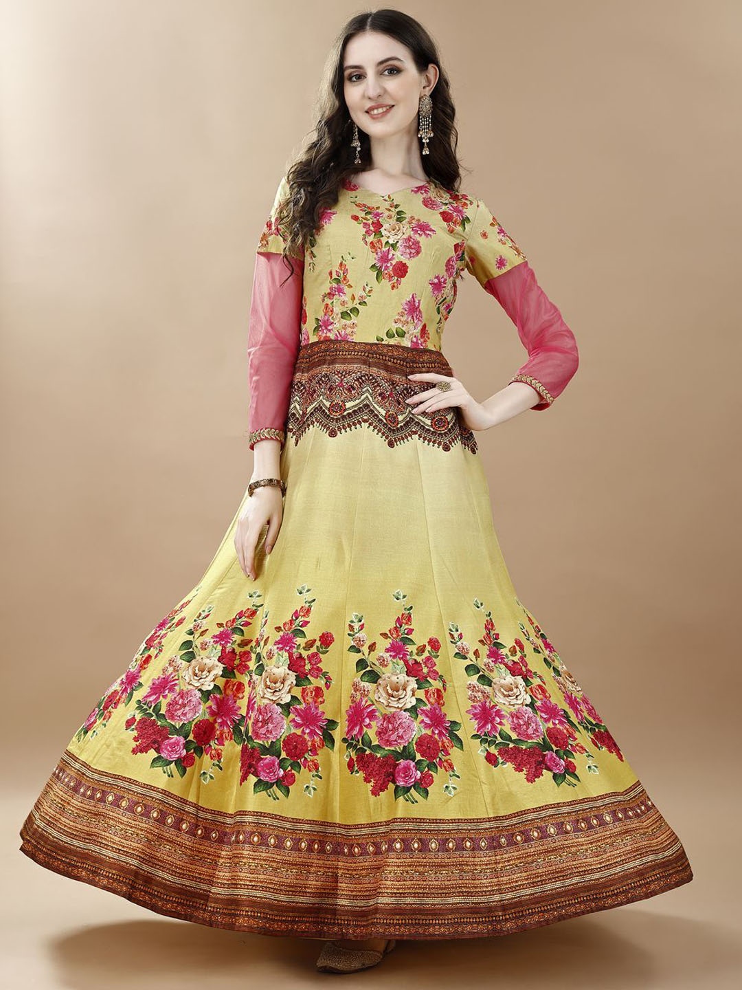 

SAPTRANGI Floral Printed V-Neck Maxi Gown Ethnic Dress, Green