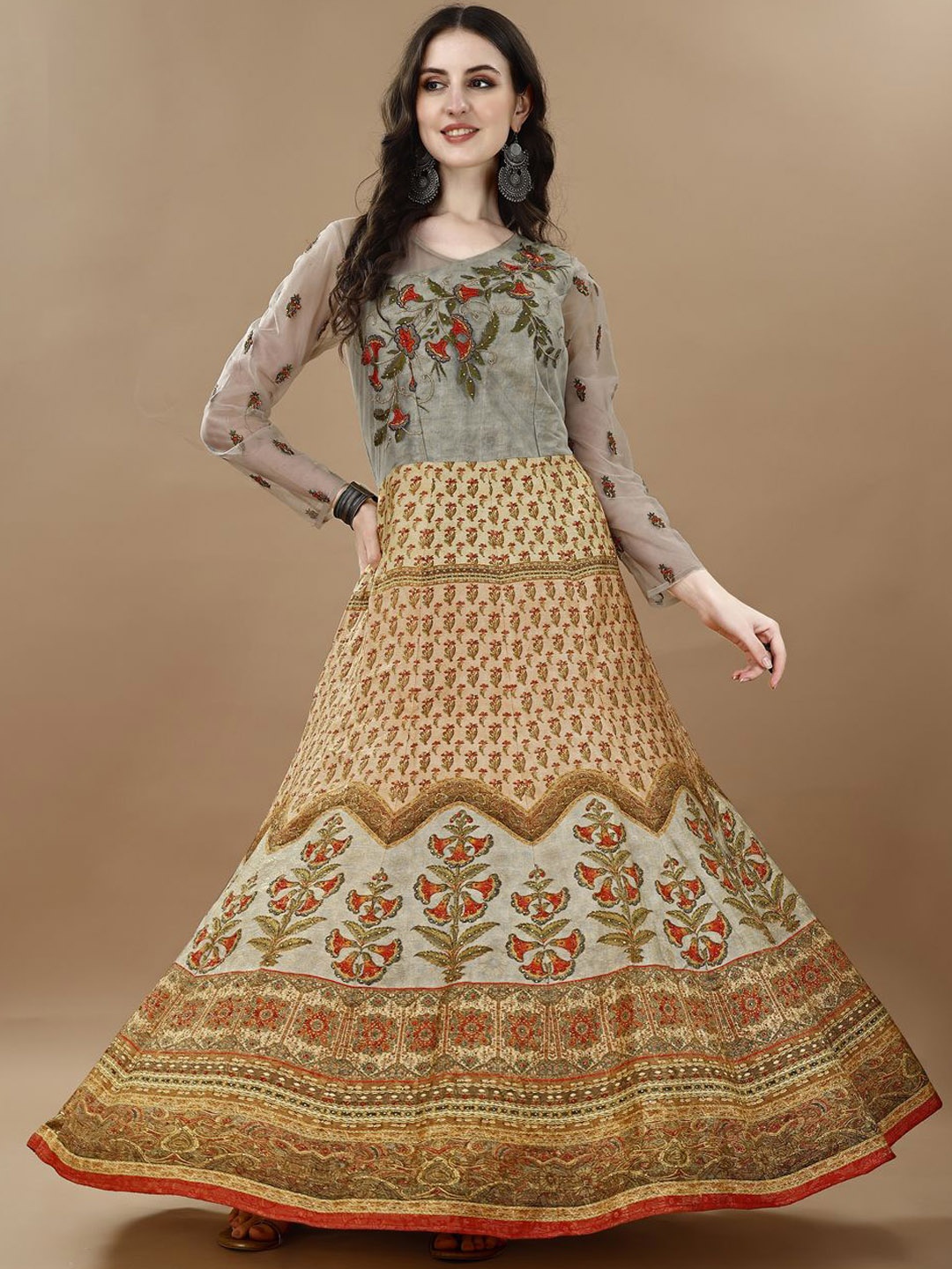 

SAPTRANGI Floral Embroidered V-Neck Fit & Flare Maxi Ethnic Dress, Beige