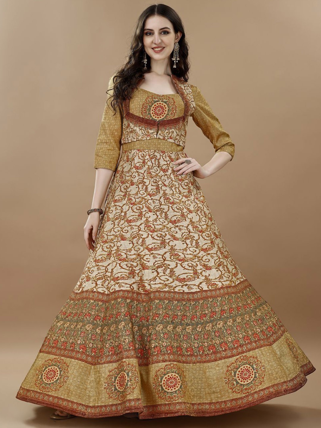 

SAPTRANGI Floral Printed Sweetheart Neck Maxi Gown Ethnic Dress, Beige