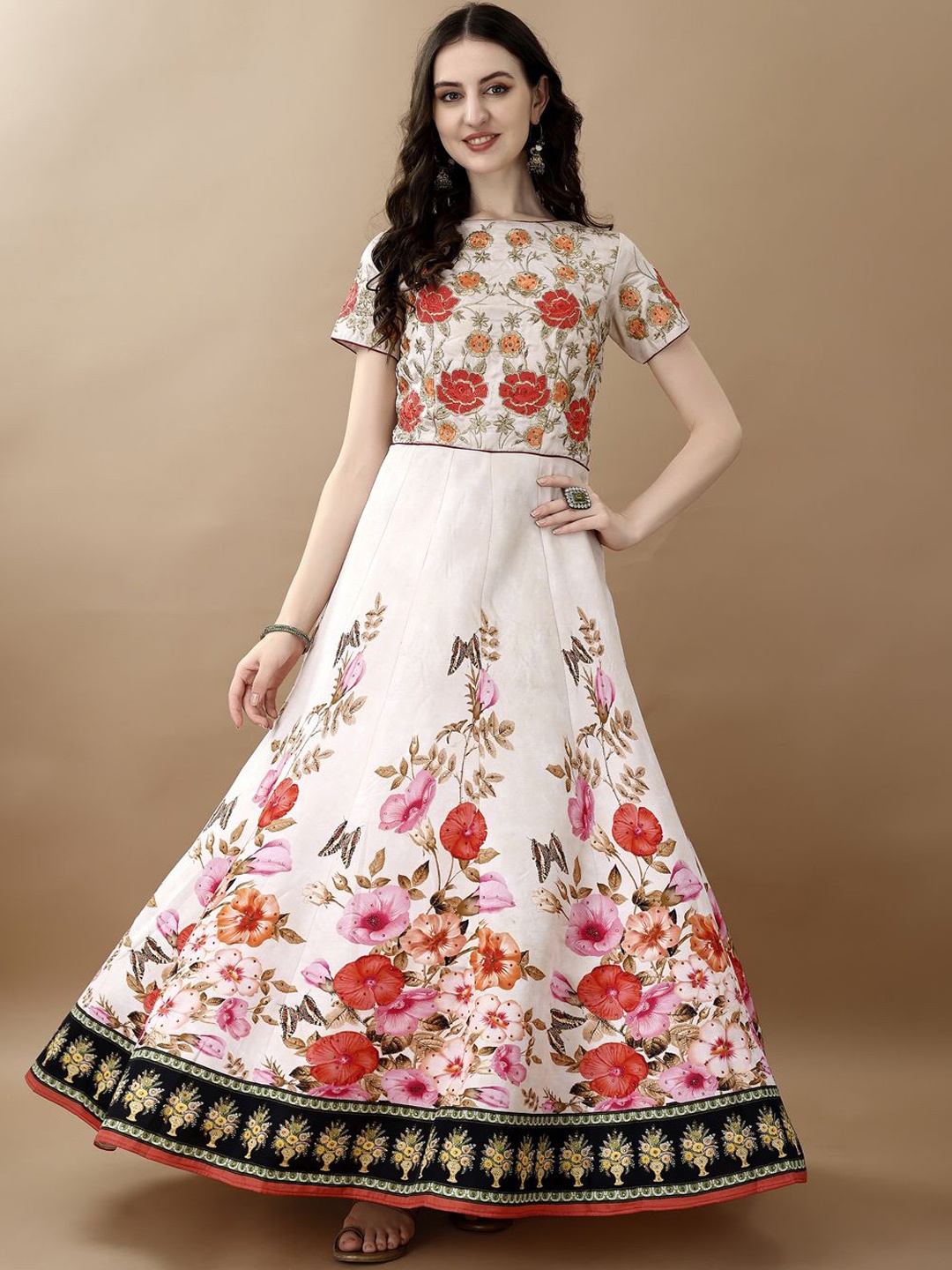 

SAPTRANGI Floral Printed Boat Neck Maxi Gown Ethnic Dress, Cream