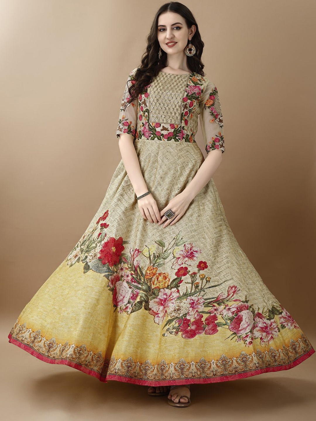 

SAPTRANGI Floral Printed Round Neck Maxi Gown Ethnic Dress, Beige