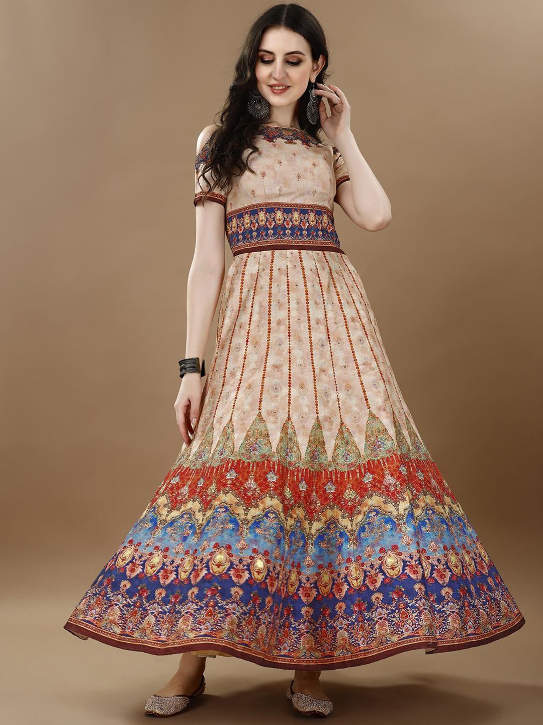 

SAPTRANGI Floral Printed Boat Neck Maxi Gown Ethnic Dress, Peach