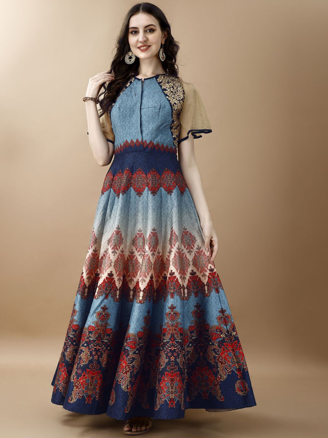 

SAPTRANGI Ethnic Motifs Printed Embroidered Fit & Flare Maxi Ethnic Dress, Blue