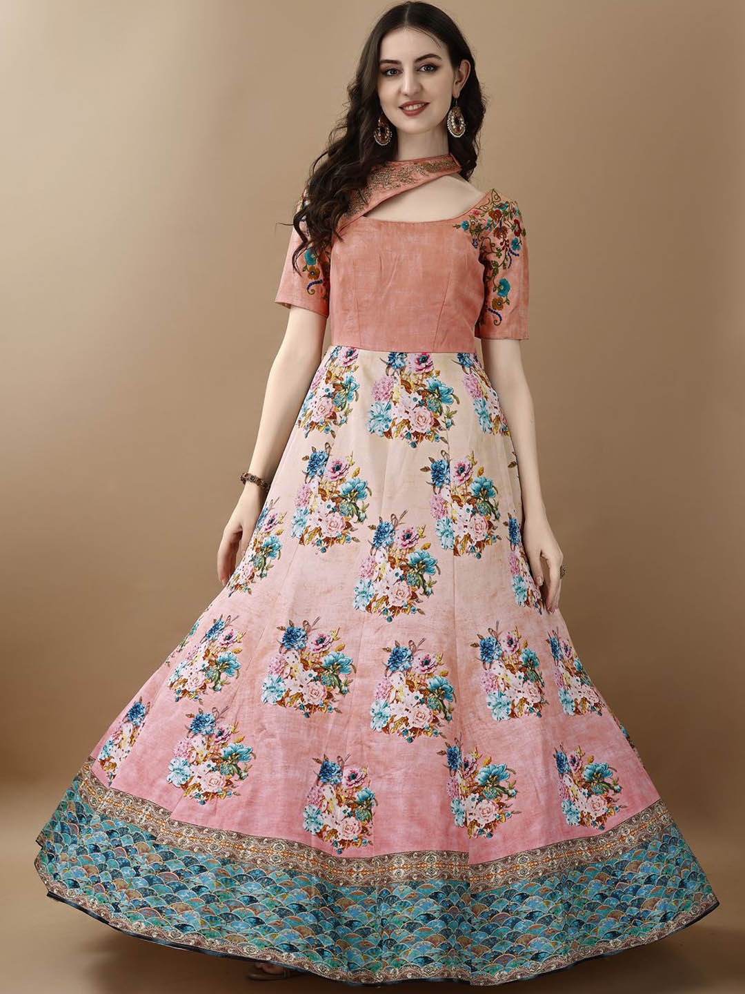 

SAPTRANGI Floral Printed Round Neck Gown Maxi Ethnic Dress, Peach