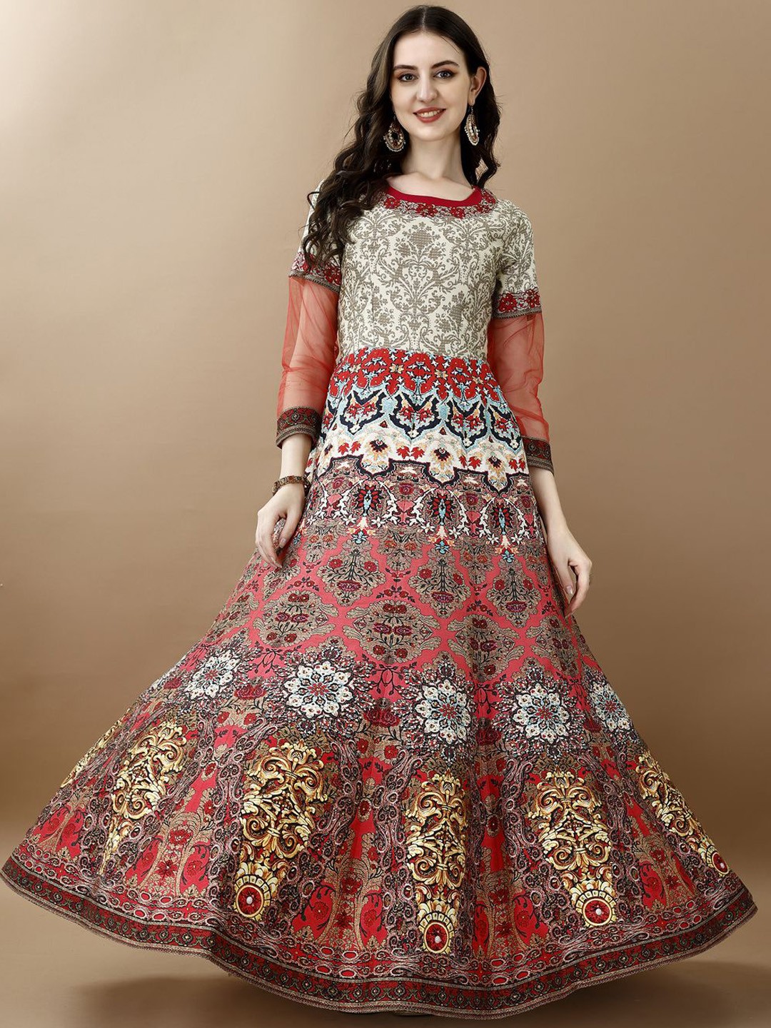 

SAPTRANGI Ethnic Motifs Printed Fit & Flare Maxi Ethnic Dress, Pink
