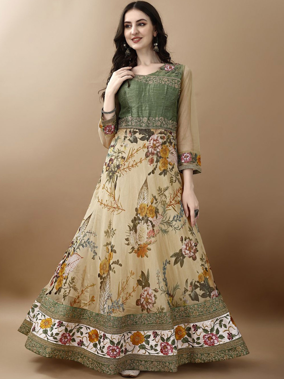 

SAPTRANGI Floral Printed Fit & Flare Maxi Ethnic Dress, Green