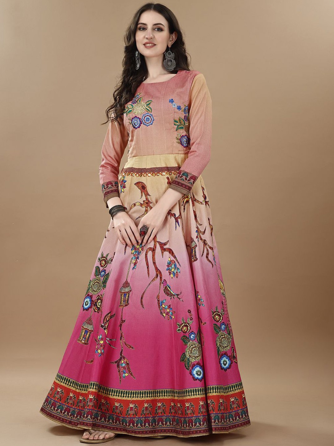 

SAPTRANGI Floral Printed Fit & Flare Maxi Ethnic Dress, Pink