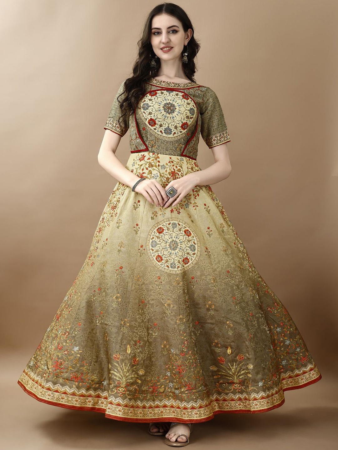 

SAPTRANGI Floral Printed Embroidered Fit & Flare Maxi Ethnic Dress, Green