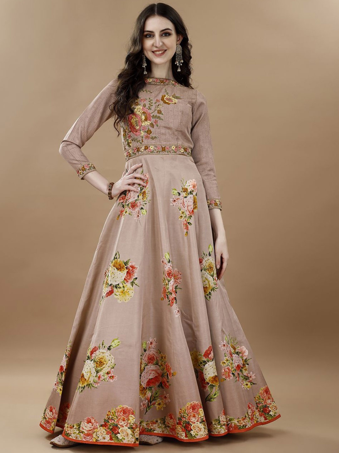 

SAPTRANGI Floral Printed Boat Neck Gown Maxi Ethnic Dress, Brown