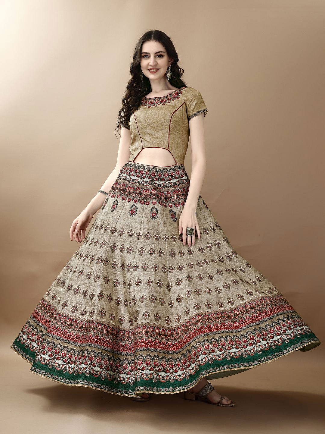 

SAPTRANGI Ethnic Motifs Printed Cut-Outs Fit & Flare Maxi Ethnic Dress, Grey