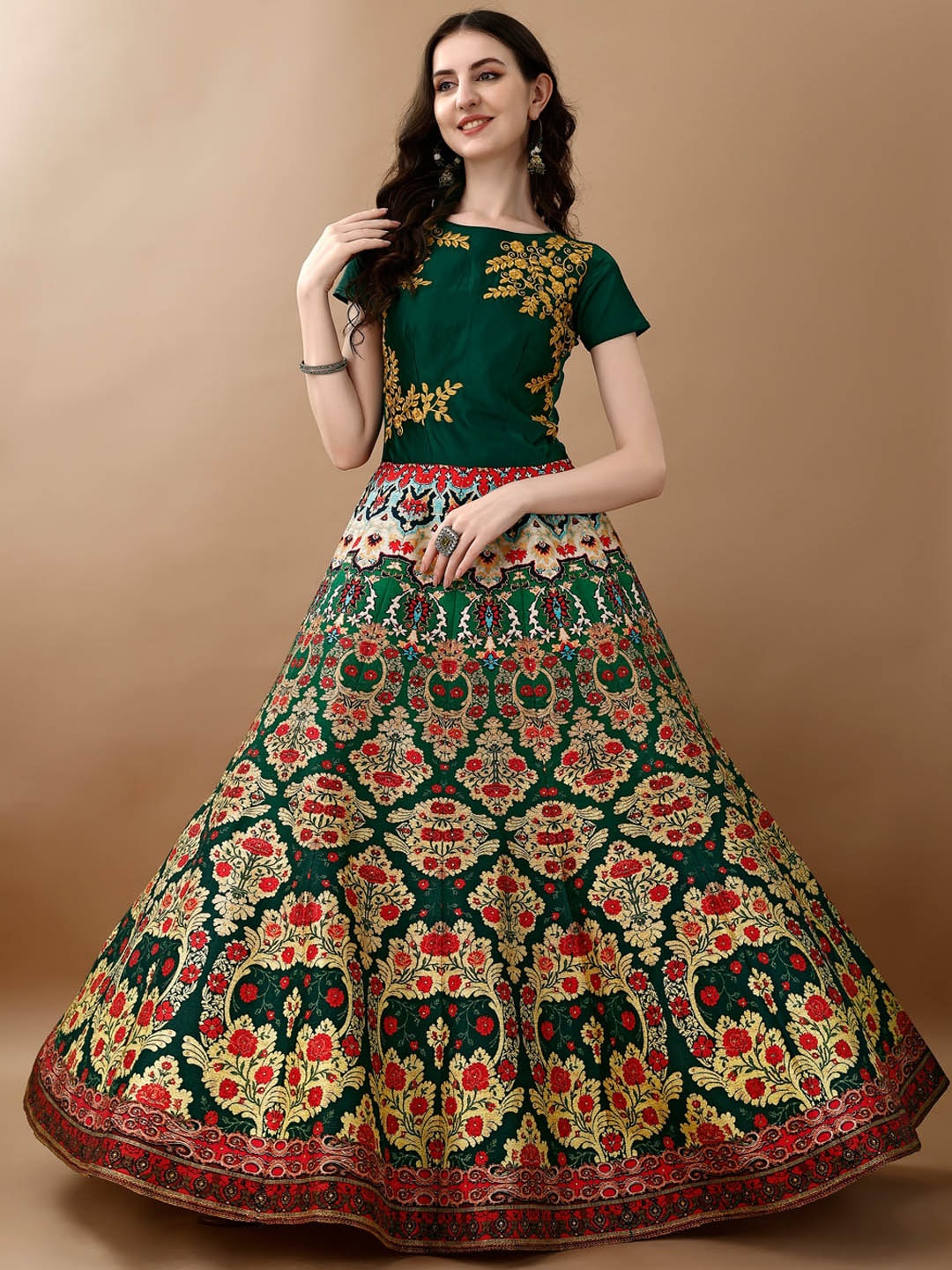 

SAPTRANGI Floral Printed Embroidered Fit & Flare Maxi Ethnic Dress, Green