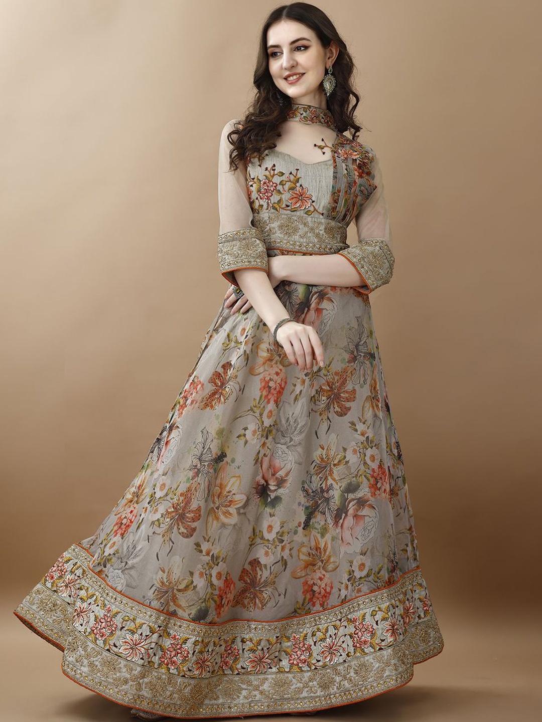 

SAPTRANGI Floral Printed High Neck Gown Maxi Ethnic Dress, Grey