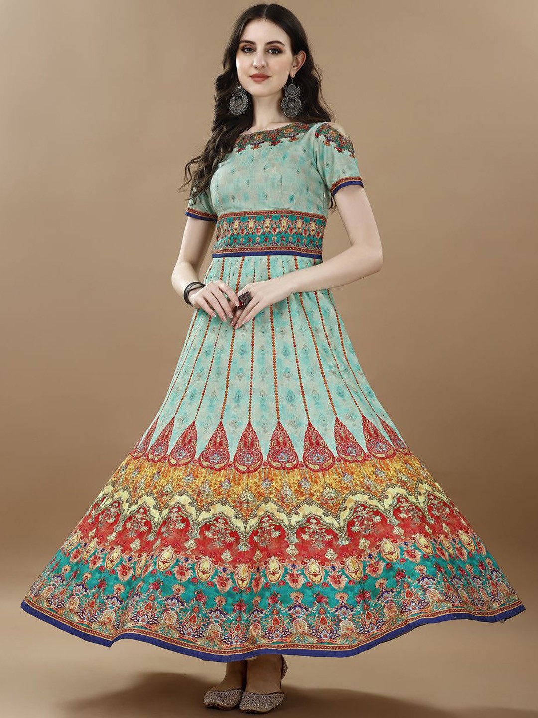 

SAPTRANGI Floral Printed Embroidered Fit & Flare Maxi Ethnic Dress, Turquoise blue