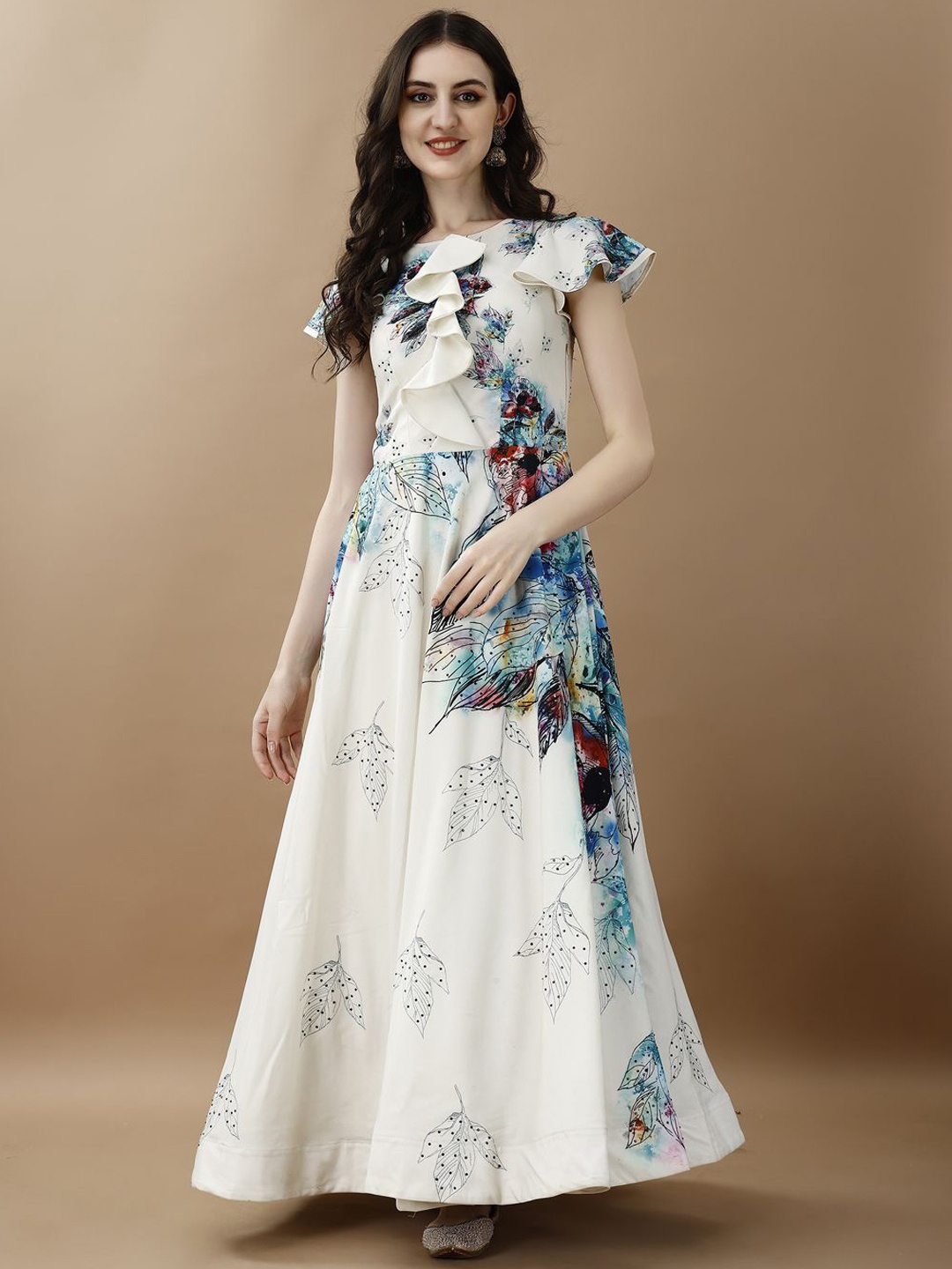 

SAPTRANGI Floral Printed Flared Sleeves Gown Maxi Ethnic Dress, White