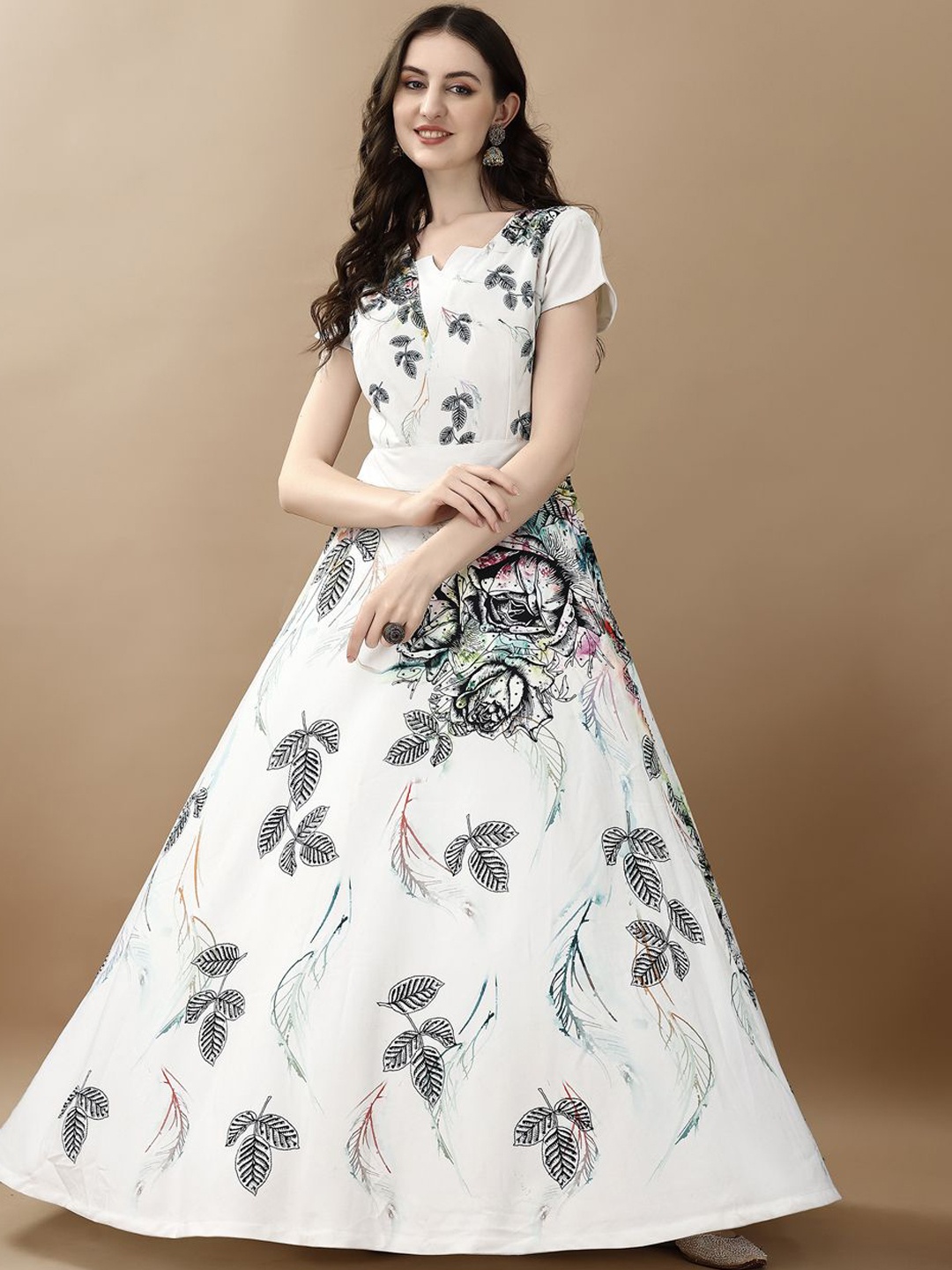 

SAPTRANGI Floral Printed Fit & Flare Maxi Ethnic Dress, White