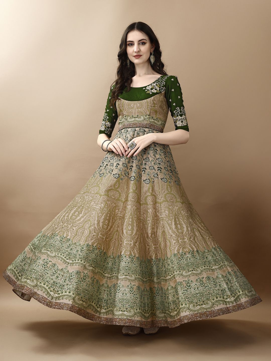 

SAPTRANGI Floral Printed Round Neck Gown Maxi Ethnic Dress, Green