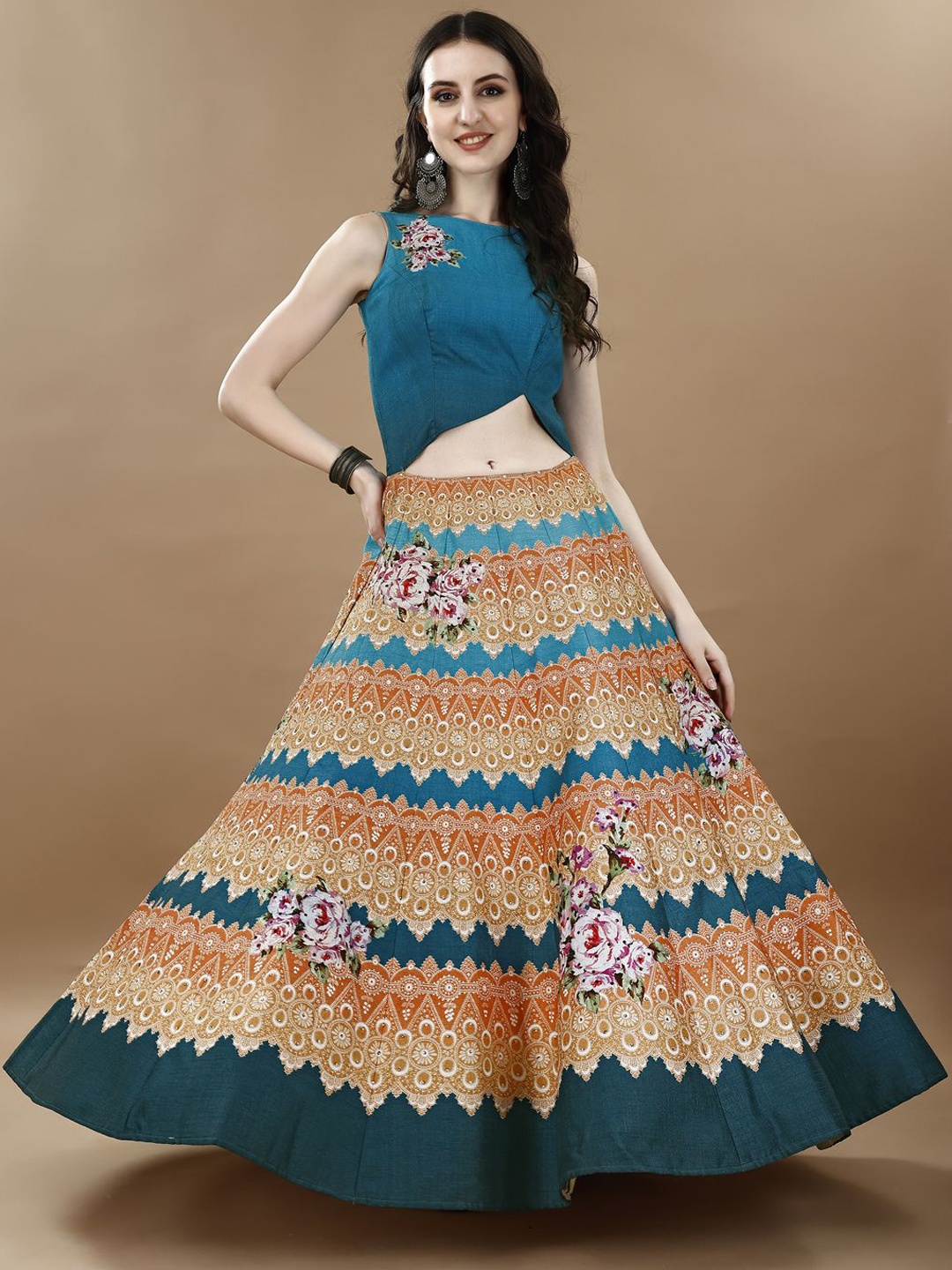 

SAPTRANGI Ethnic Motifs Printed Cut-Outs Fit & Flare Maxi Ethnic Dress, Blue