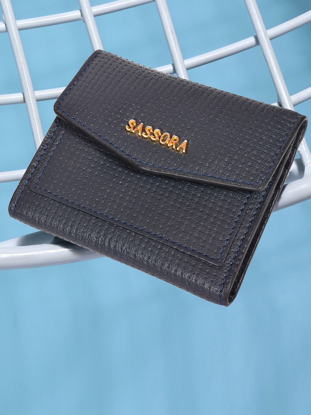 

Sassora Women Textured RFID Leather Three Fold Wallet, Navy blue