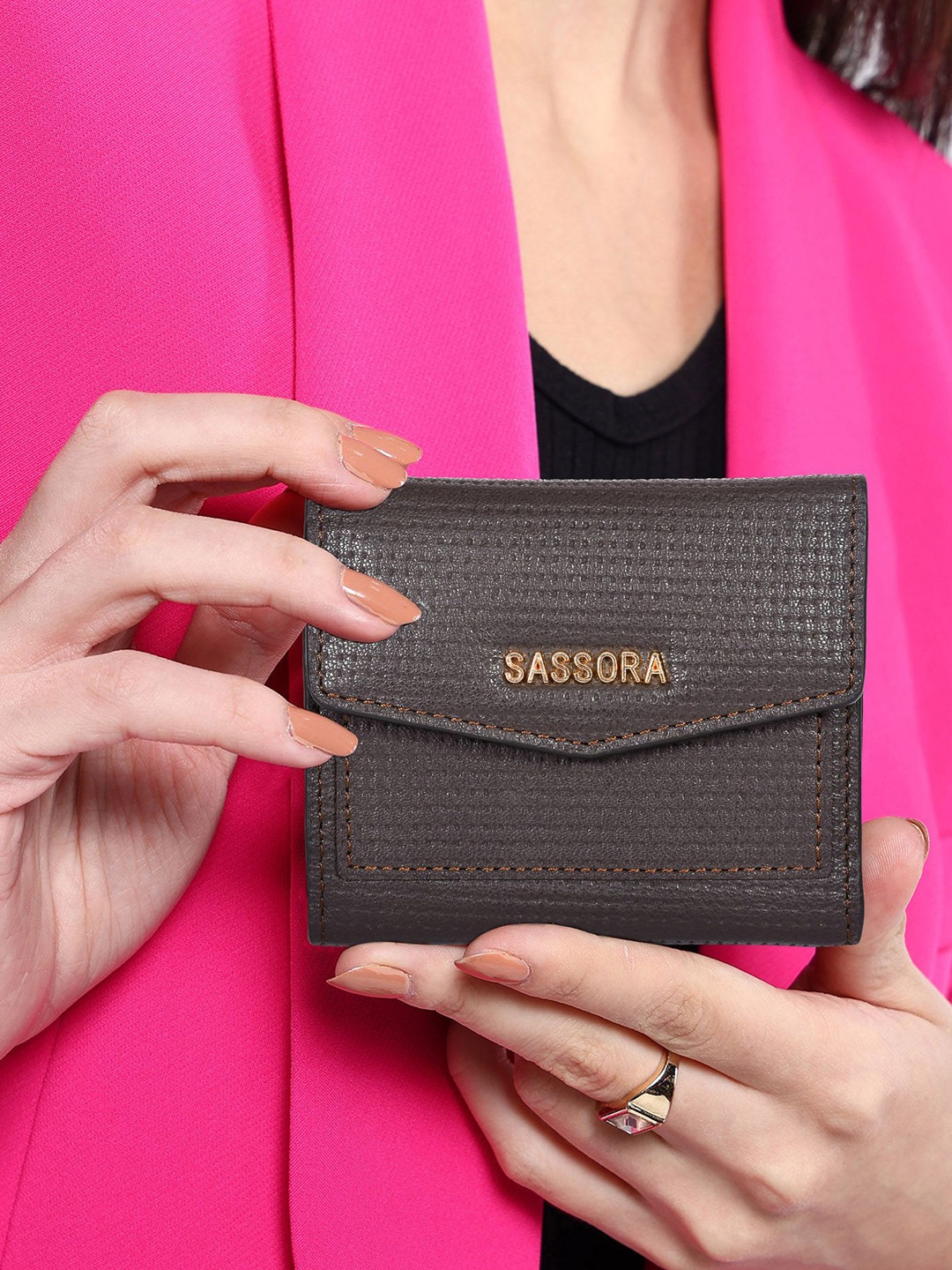 

Sassora Women Textured Leather RFID Three Fold Wallet, Brown