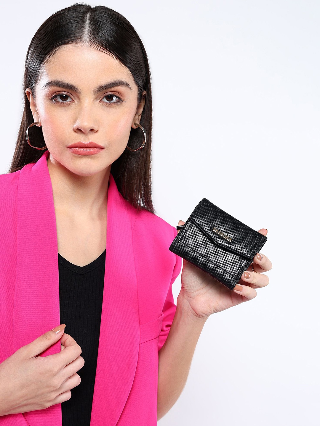 

Sassora Women Textured Leather Three Fold Wallet, Black