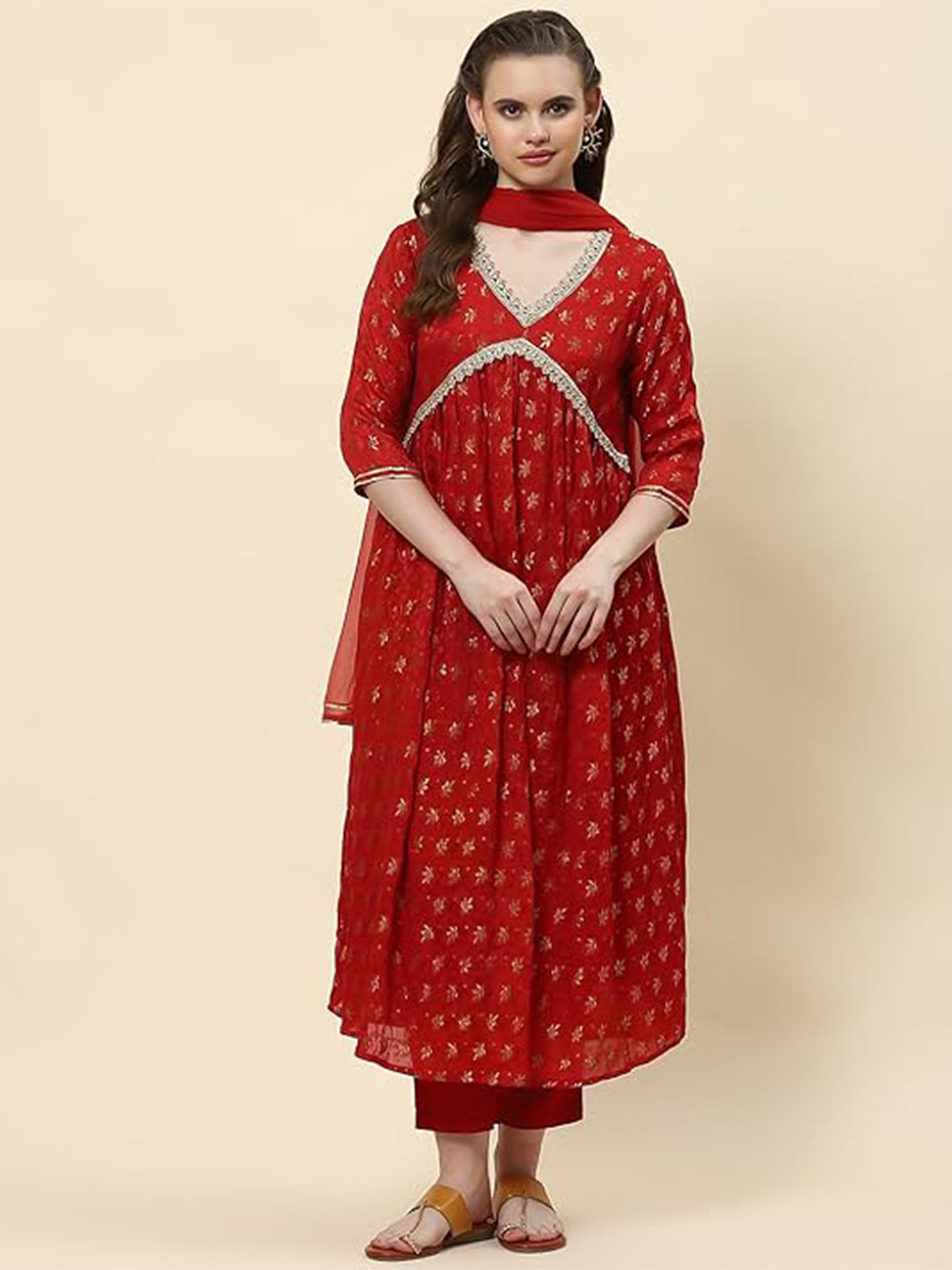 

PUKHYA Ethnic Motifs Print V-Neck Empire Midi Kurta with Dupatta Set, Red