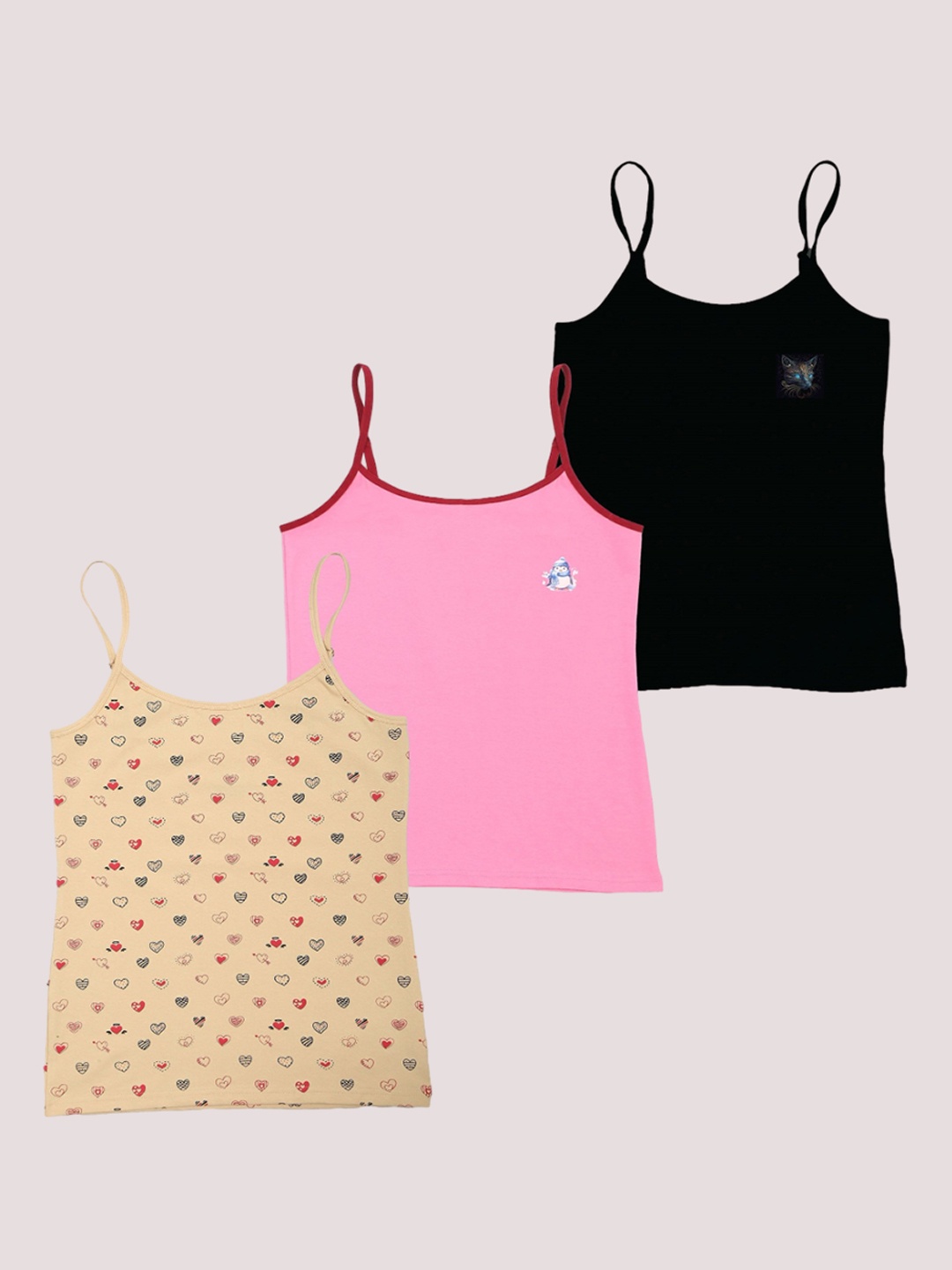 

F&S Girls Pack Of 3 Printed Cotton Camisoles, Black