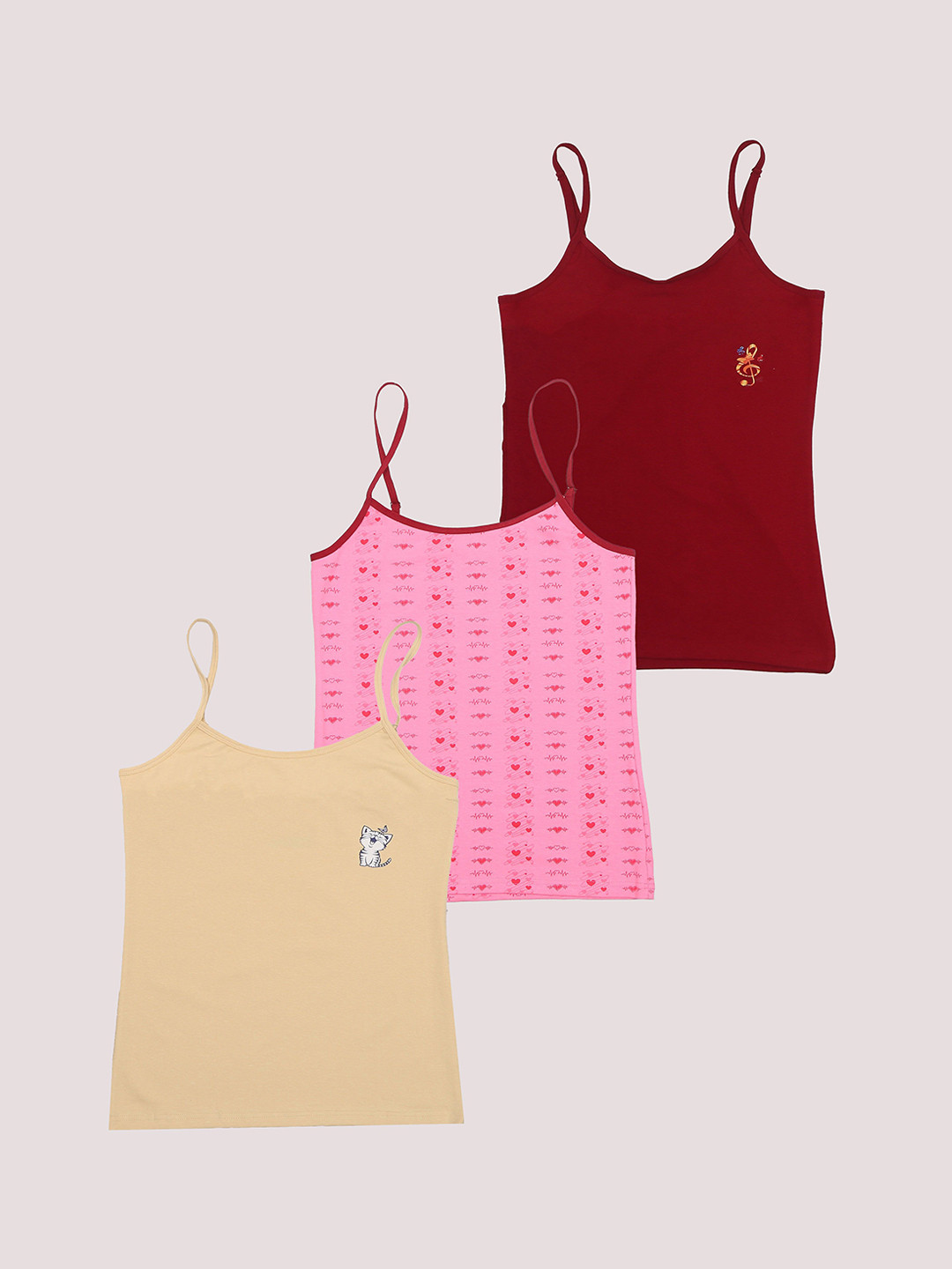 

F&S Girls Pack Of 3 Printed Cotton Camisoles, Beige